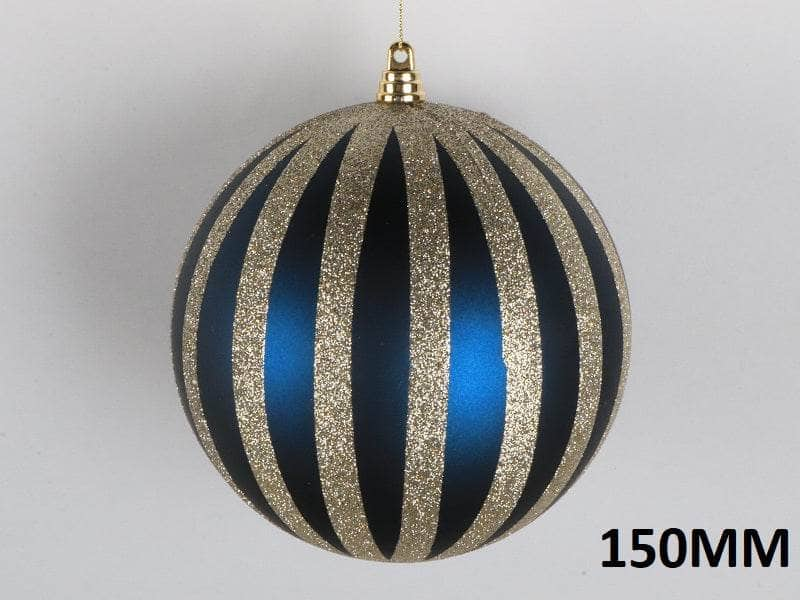 Christmas  -  Blue & Champagne Striped Christmas Bauble - 15cm  -  60011110