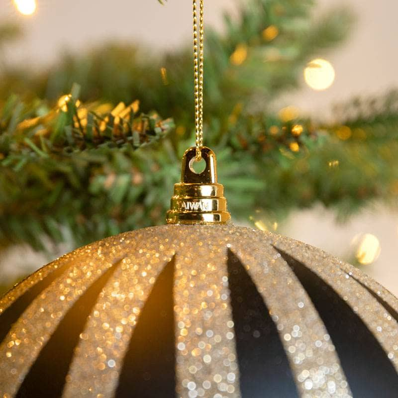 Christmas  -  Dark Blue & Champagne Striped Christmas Bauble - 15cm  -  60011110