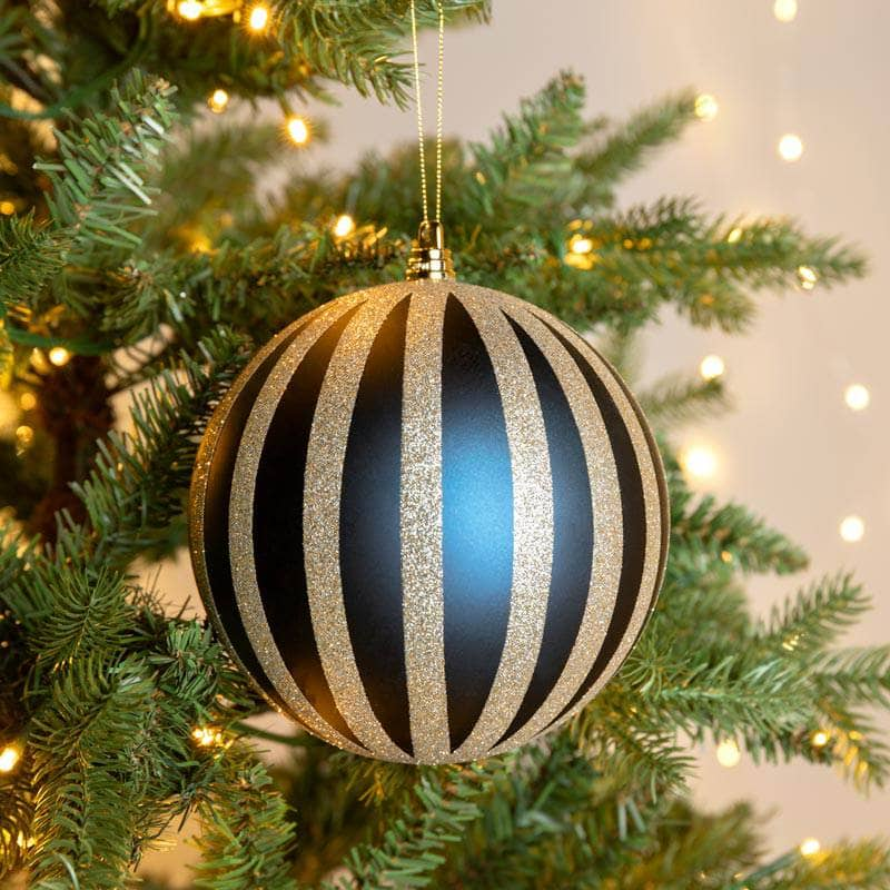 Christmas  -  Dark Blue & Champagne Striped Christmas Bauble - 15cm  -  60011110