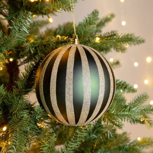 Christmas  -  Green & Champagne Striped Christmas Bauble - 15cm  -  60011112