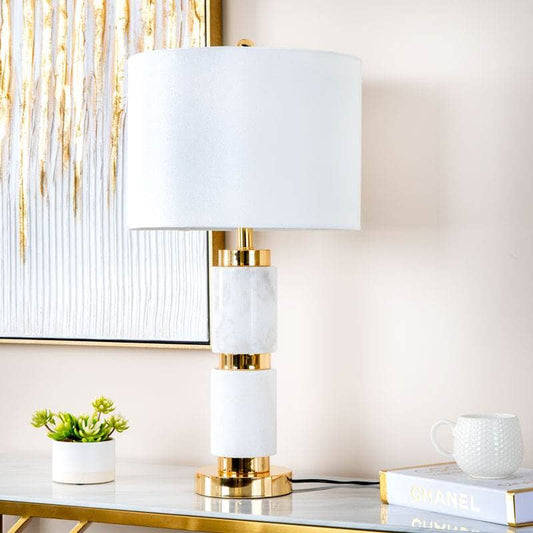 Lights  -  White Marble Table Lamp With Cream Velvet Shade  -  60011710