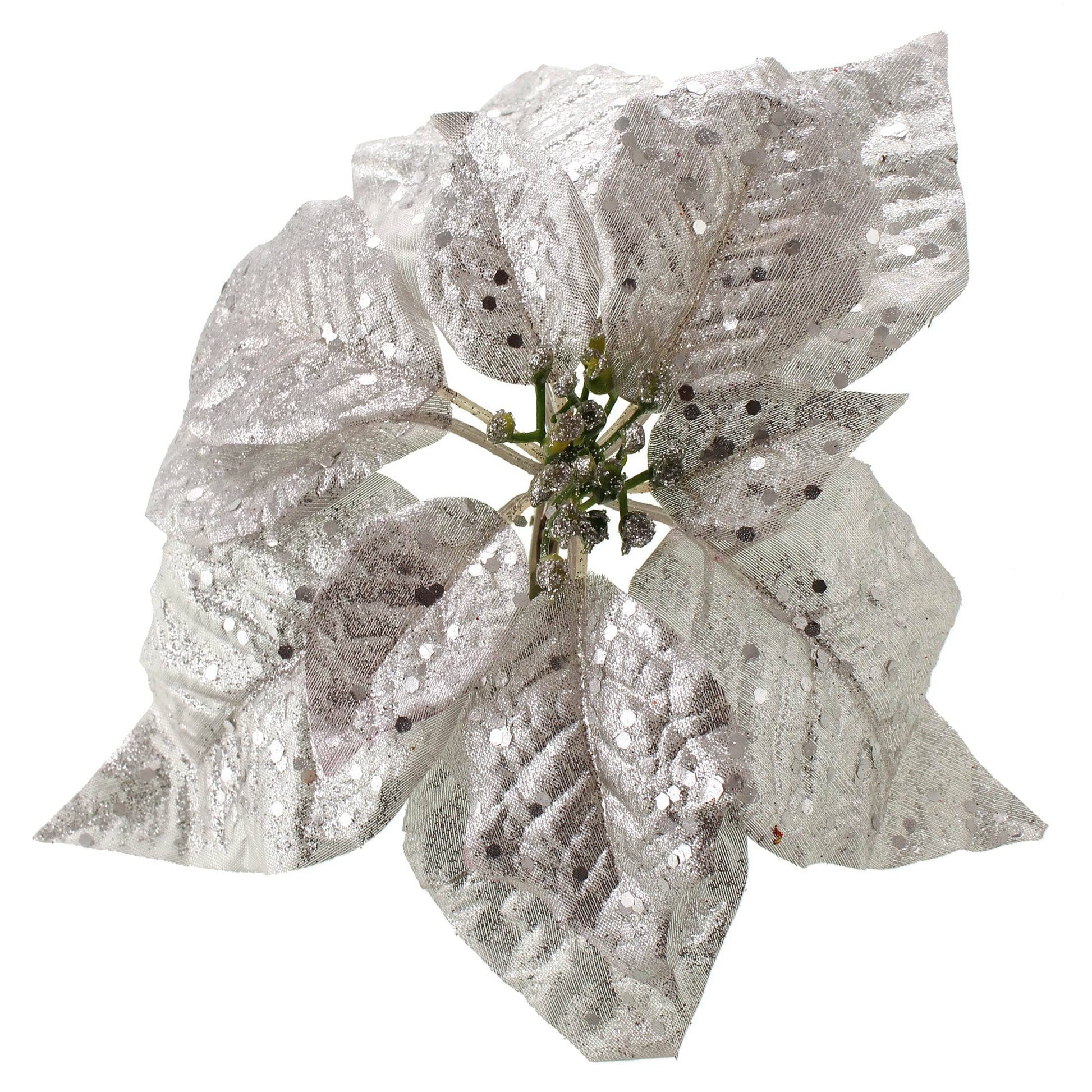 Christmas  -  Silver Metallic Poinsettia Clip Decoration - 25cm  -  60012212