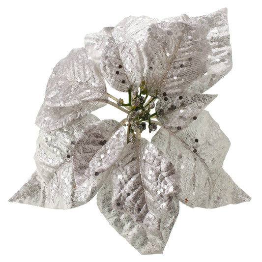 Christmas  -  Silver Metallic Poinsettia Clip Decoration - 25cm  -  60012212