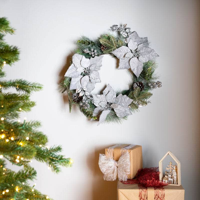 Christmas  -  Frosted Poinsettia & Fern Wreath - 24"  -  60012246