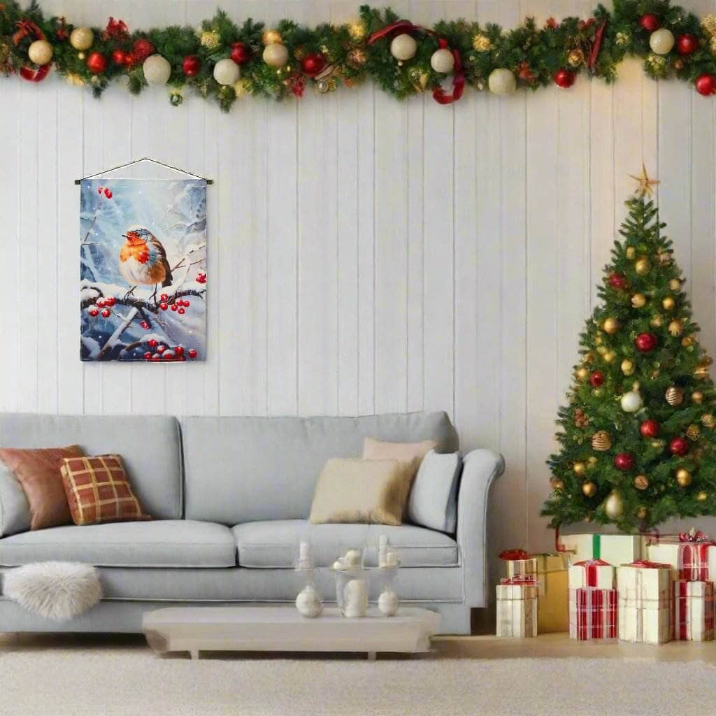 Christmas  -  Light Up Robin Winter Scene Fabric Banner - 60 x 40cm  -  60012281