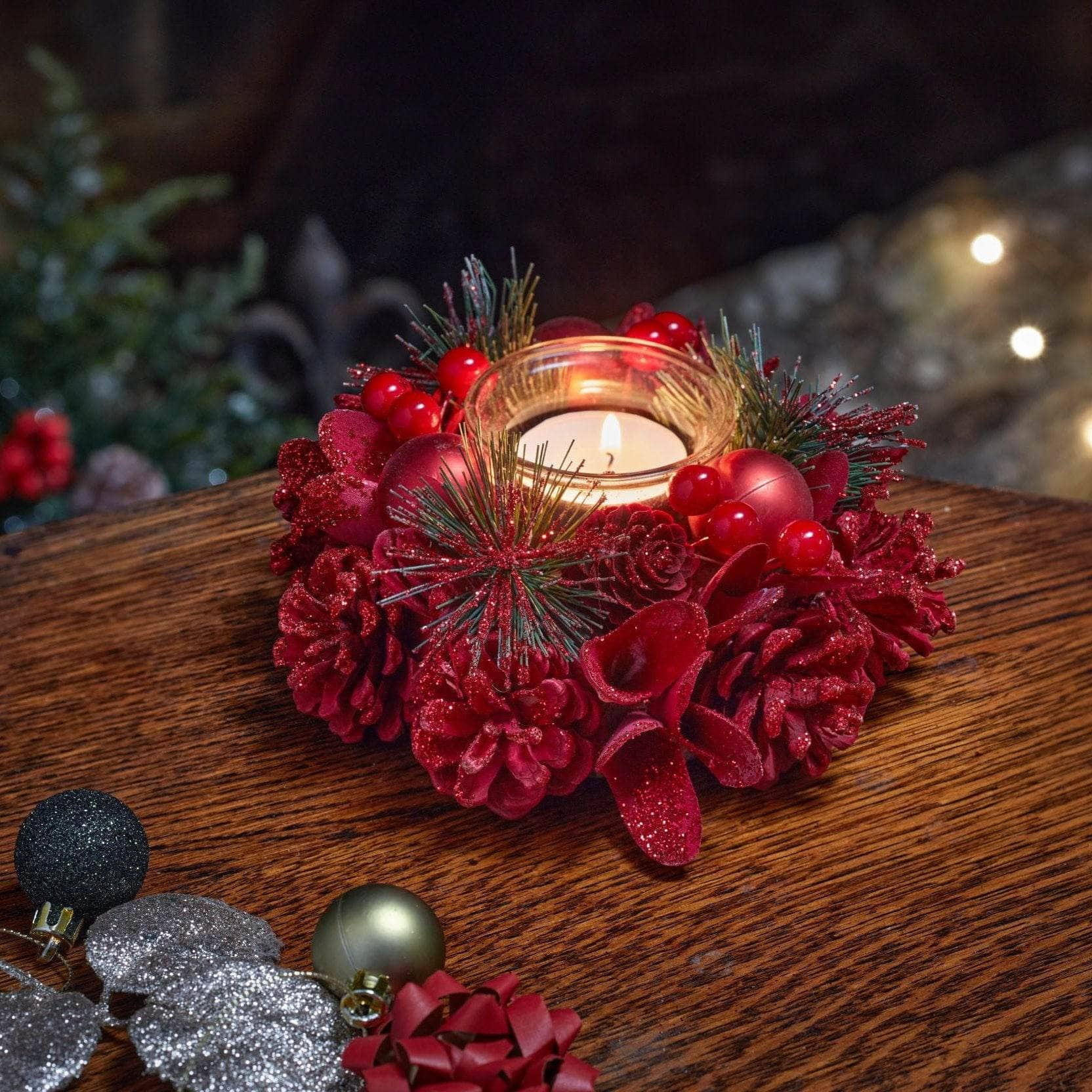 Christmas  -  Ruby Pine Candle Holder - 15cm  -  60012380