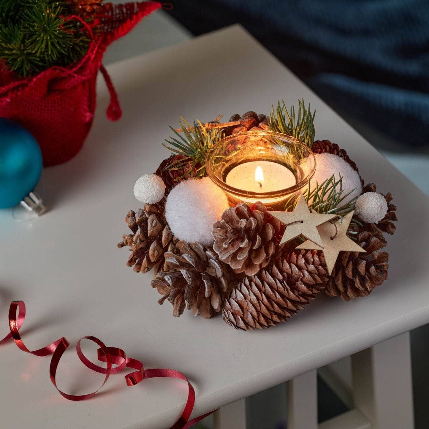 Christmas  -  Frosted Pine Candle Holder - 15cm  -  60012382