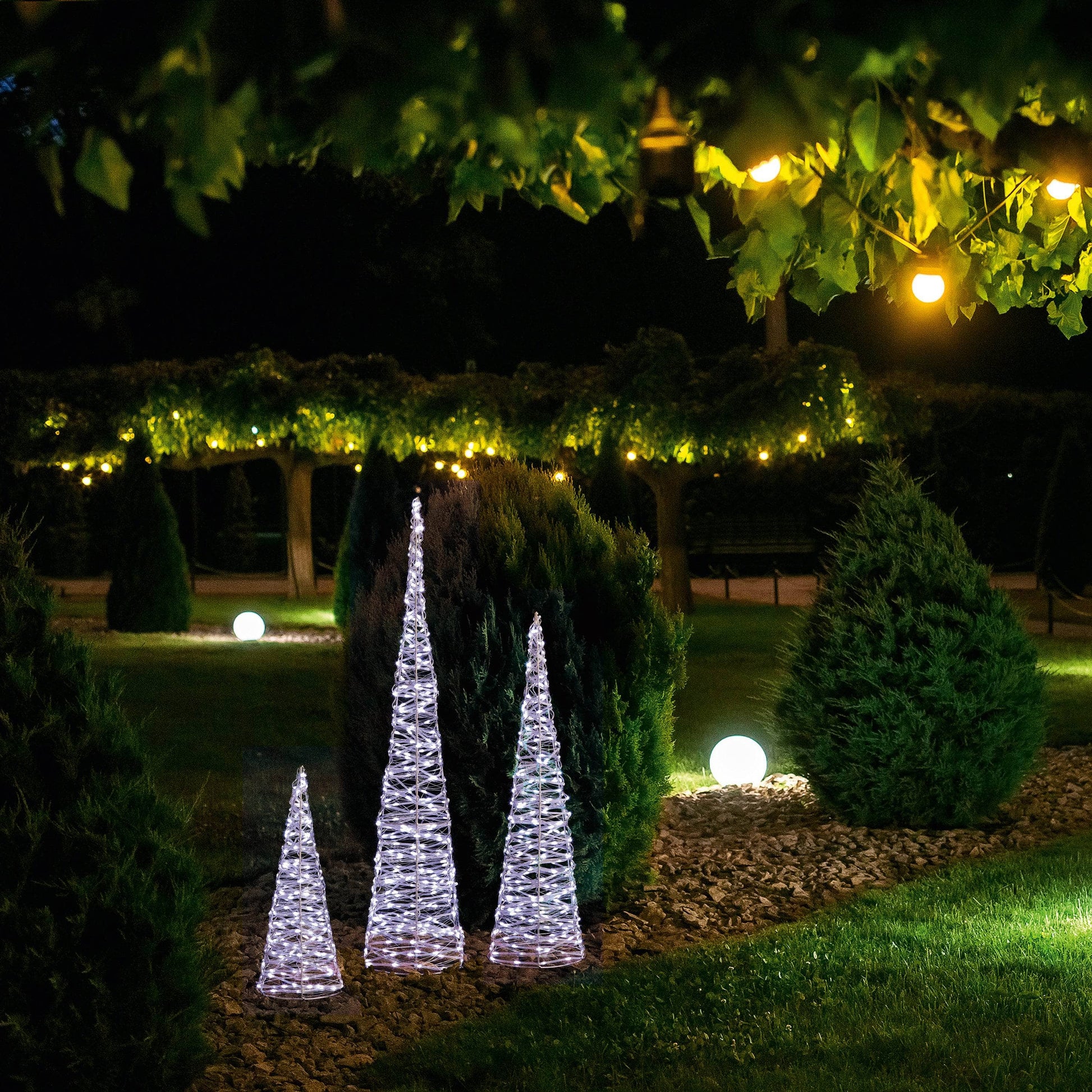 Christmas  -  Set of 3 Silver Christmas Cones With 900 White LEDs  -  60012411