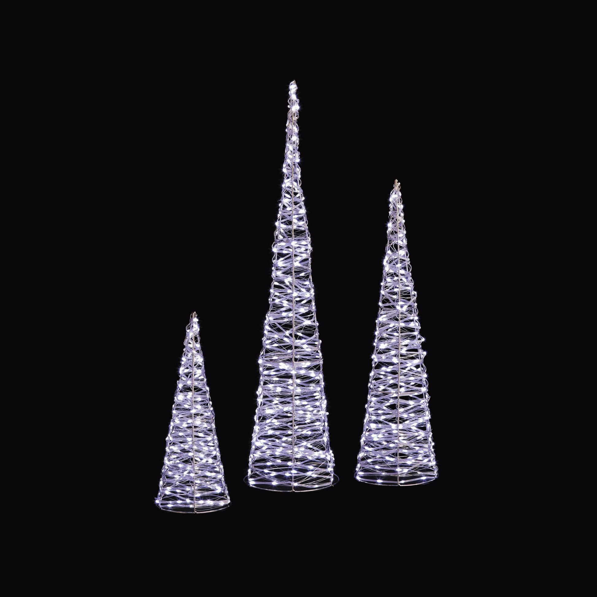 Christmas  -  Set of 3 Silver Christmas Cones With 900 White LEDs  -  60012411