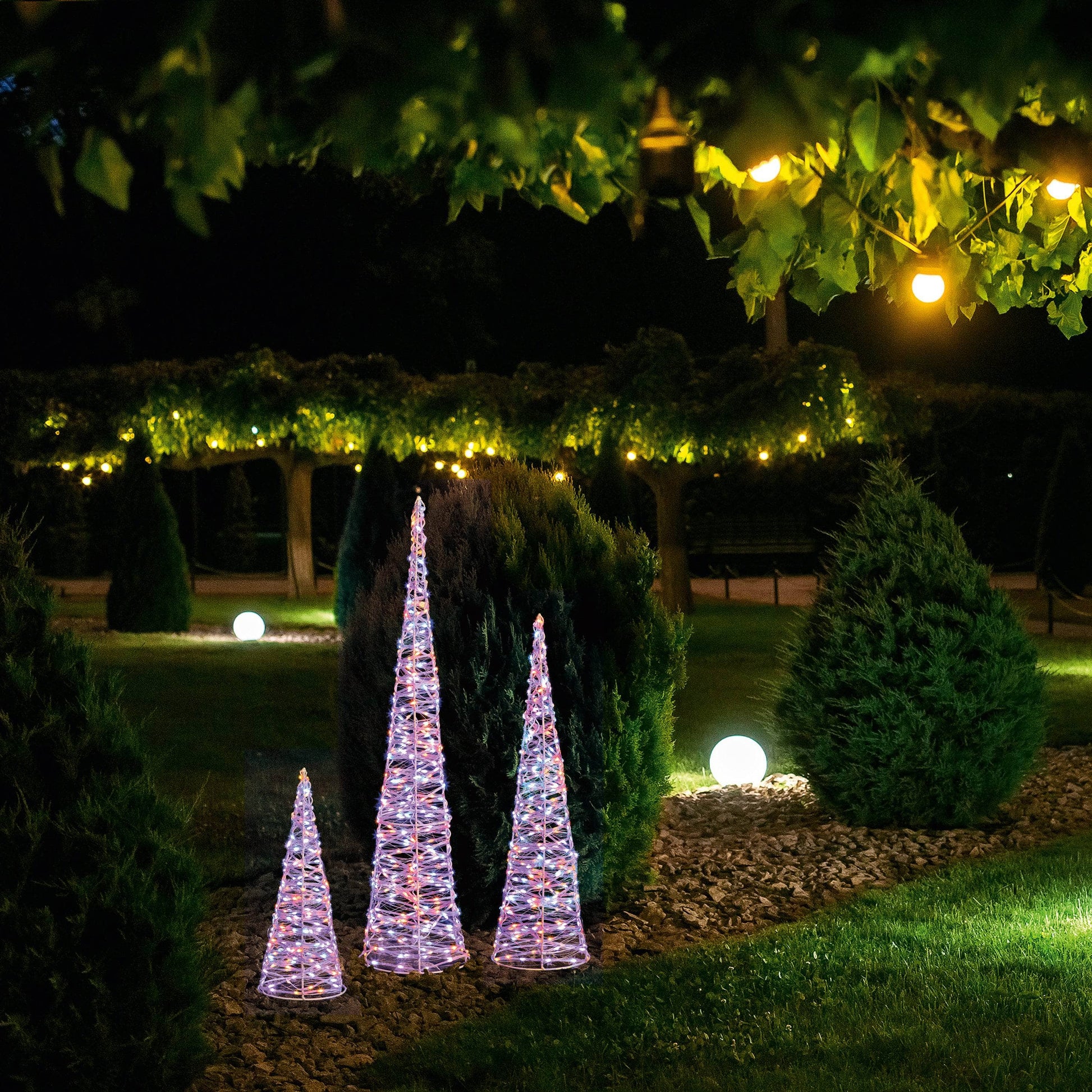 Christmas  -  Set of 3 White Christmas Cones With 900 Rainbow LEDs  -  60012412