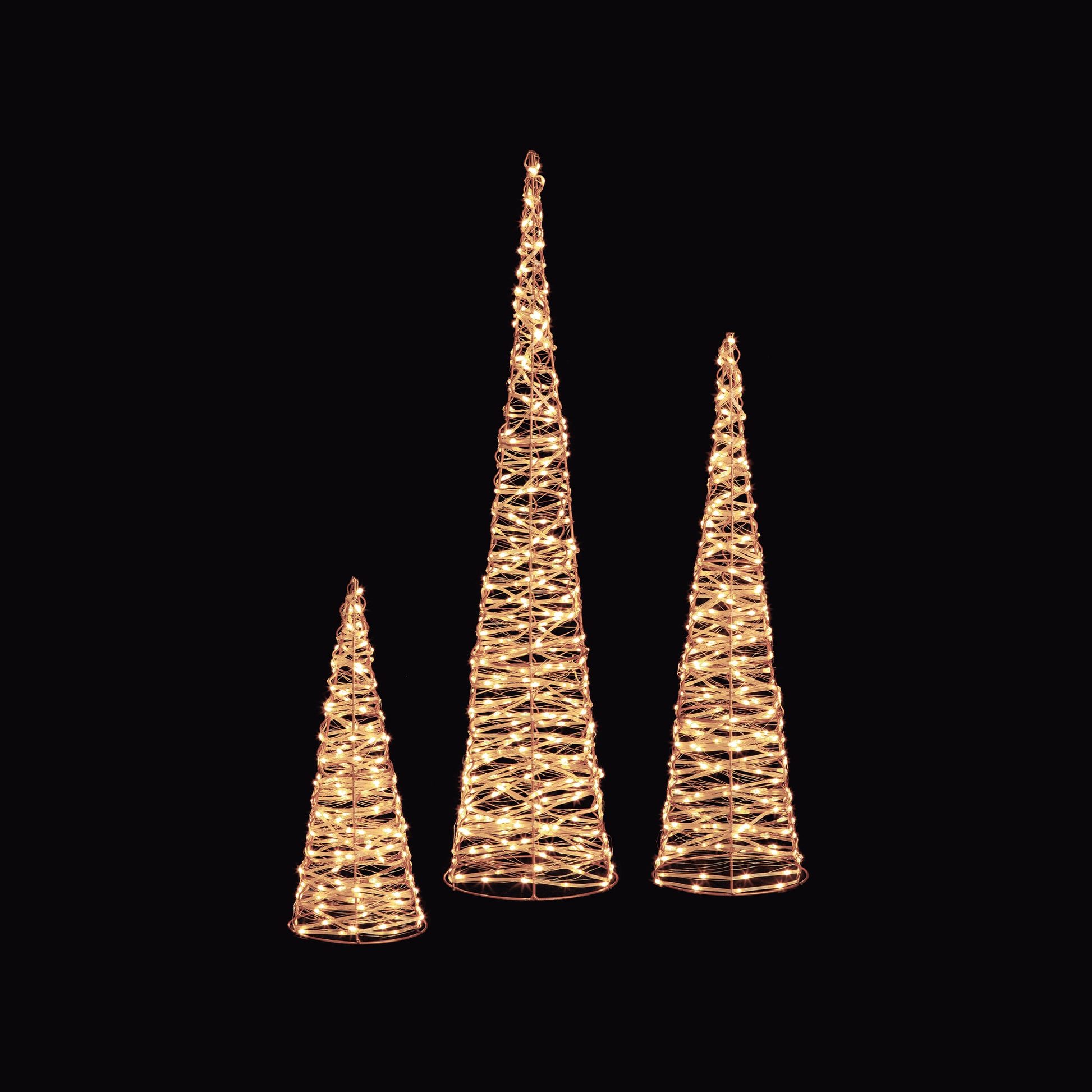 Christmas - Set of 3 Rose Gold Christmas Cones With 900 Warm White LEDs - 60012413