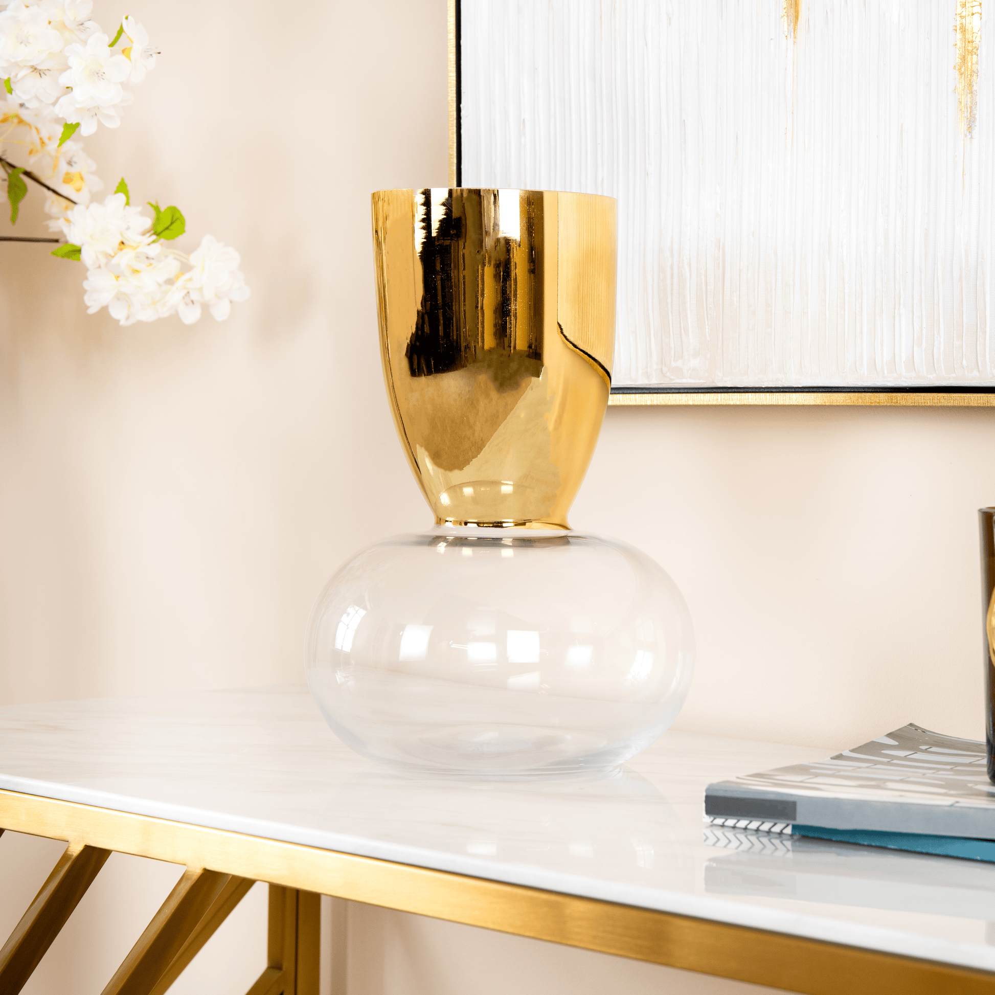 Homeware  -  Gold & Clear Round Base Glass Vase - 29.5cm  -  60011701