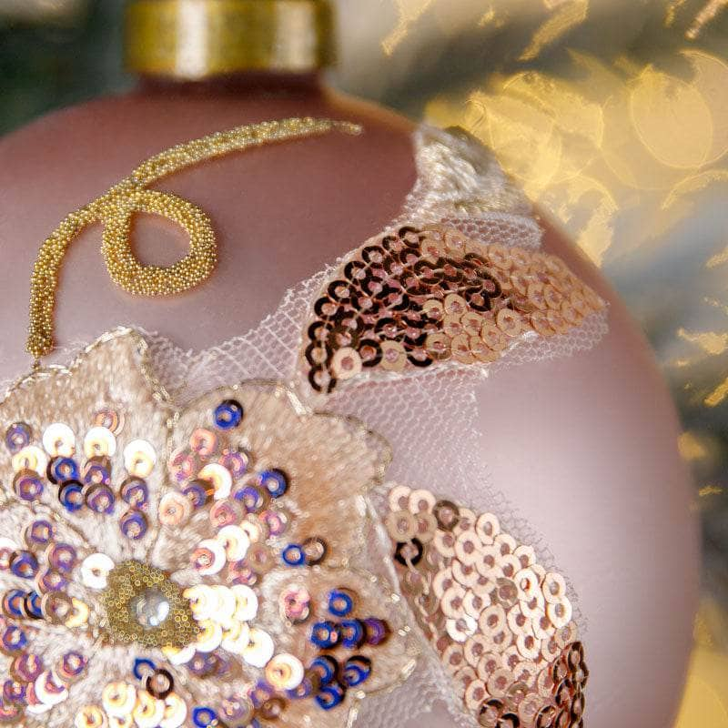 Christmas  -  Pink and Gold Embroidered Glass Bauble - 10cm  -  60000924