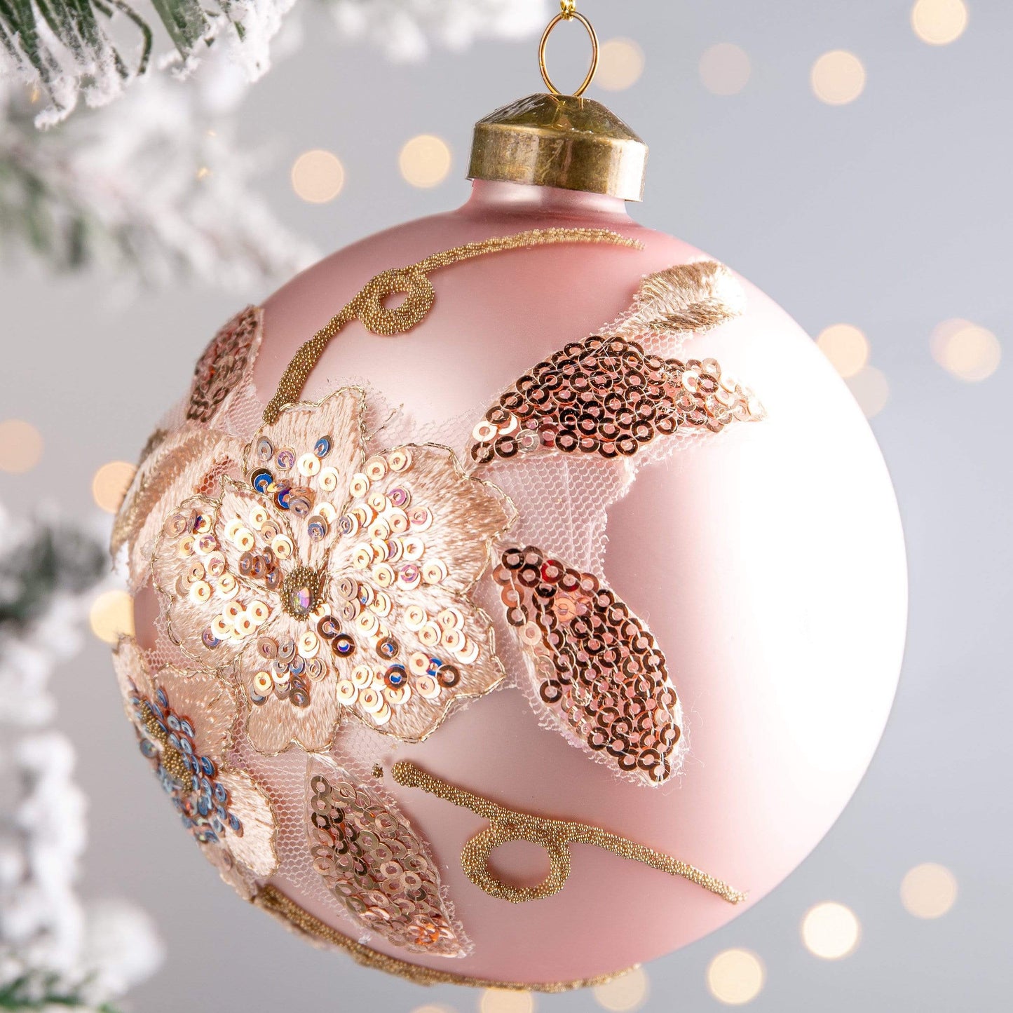 Christmas  -  Pink and Gold Embroidered Glass Bauble - 10cm  -  60000924