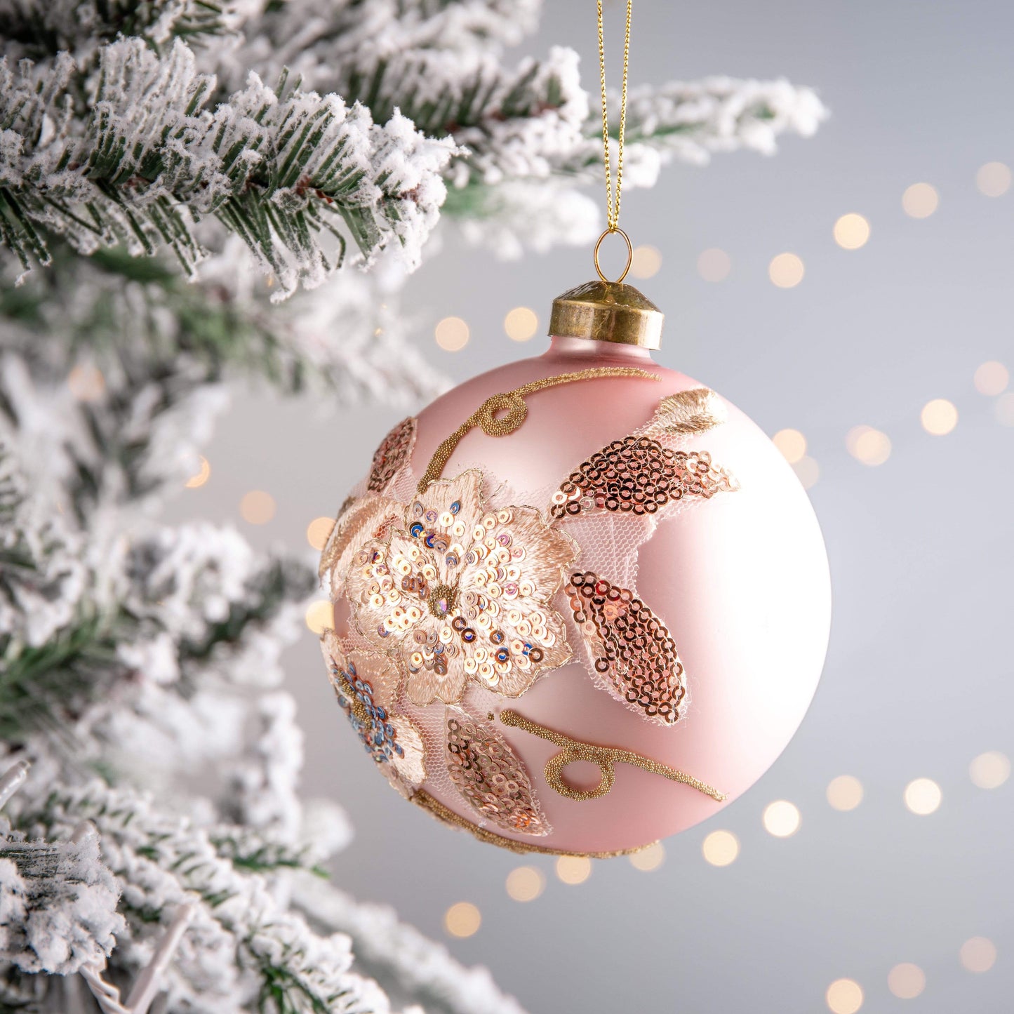 Christmas  -  Pink and Gold Embroidered Glass Bauble - 10cm  -  60000924