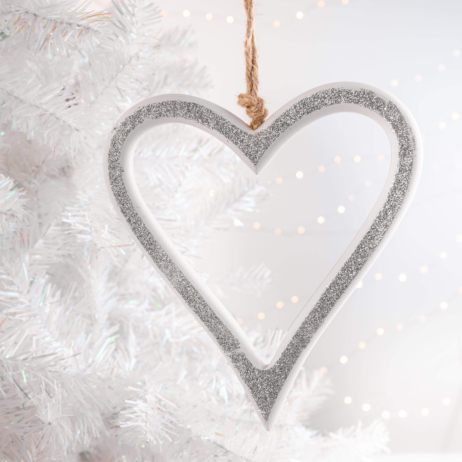 Christmas  -  White & Silver Hanging Heart Christmas Tree Decoration - 22cm  -  60001081