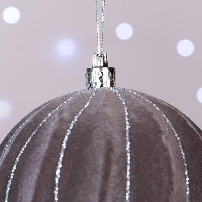 Christmas  -  Grey and Silver Stripped Flocked Bauble - 10cm  -  60005012