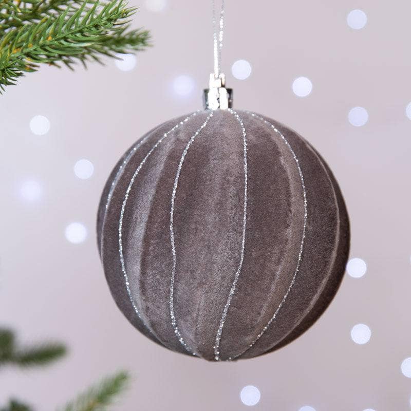 Christmas  -  Grey and Silver Stripped Flocked Bauble - 10cm  -  60005012