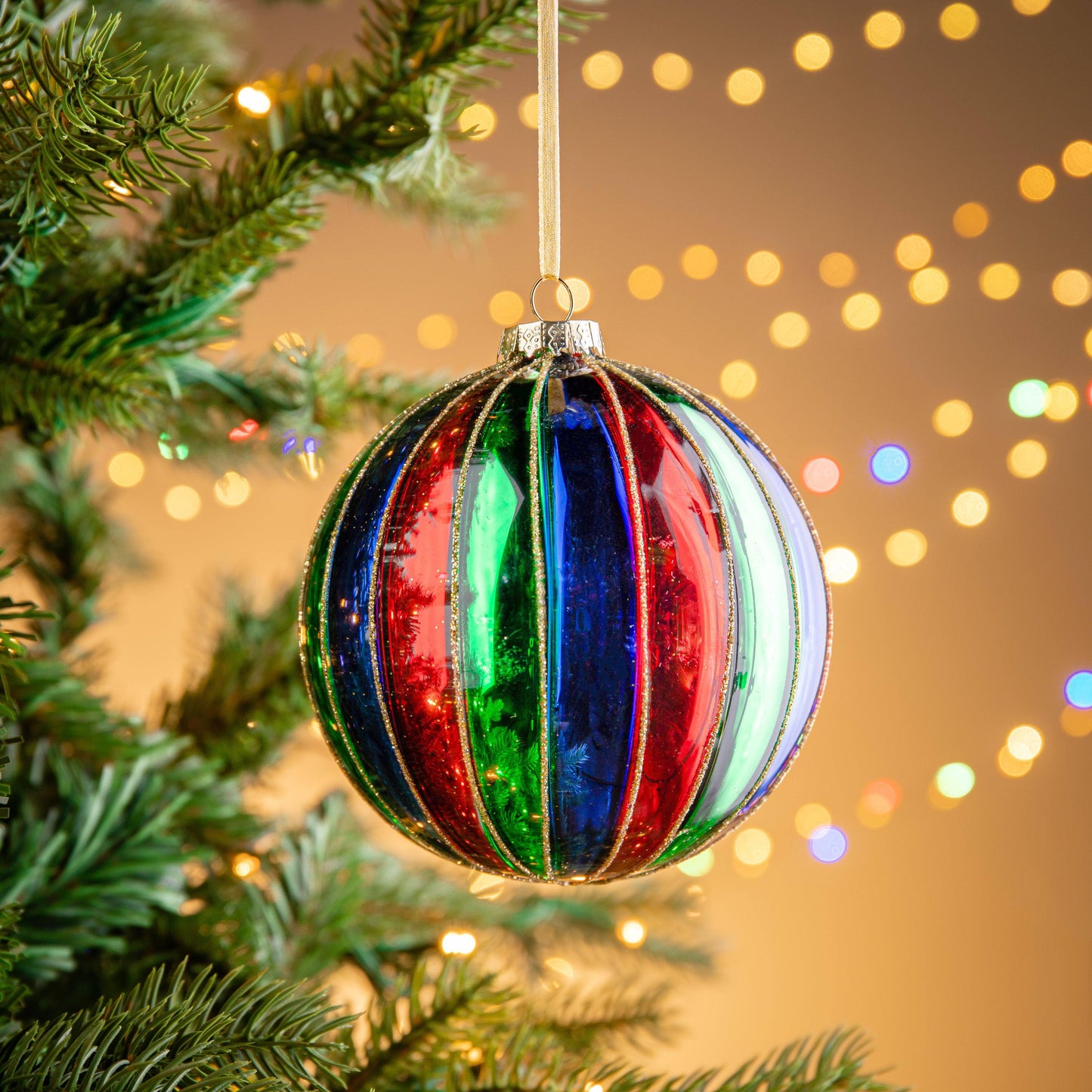 Christmas  -  Red Green and Navy Striped Glass Bauble - 10cm  -  60005000