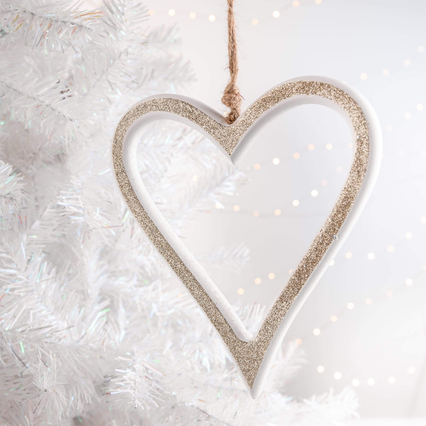 Christmas  -  White & Gold Hanging Heart Christmas Tree Decoration - 22cm  -  60001082