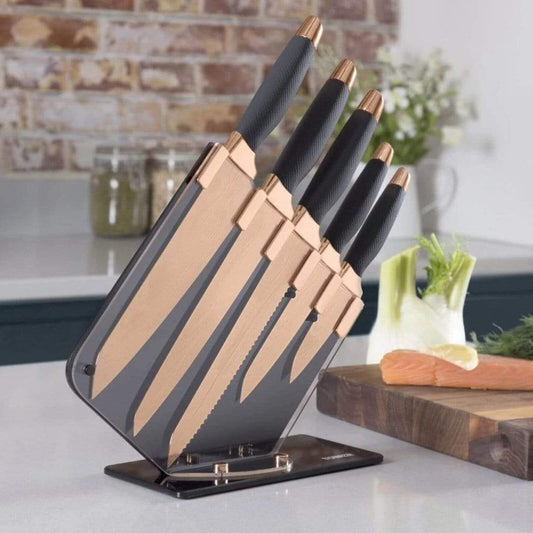 Kitchenware  -  Rkw Tower Damascus Style Rose Gold 5 Piece Knife Block Set  -  50138443