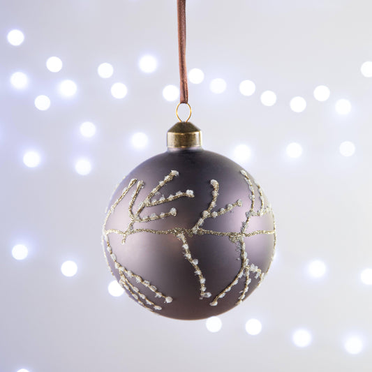 Christmas  -  Purple and Gold Glitter Branch Glass Bauble - 10cm  -  60004034